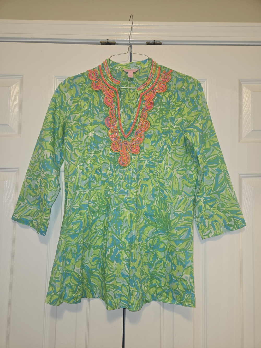 Green & Blue Floral Tunic with Neon Pink Embroidery